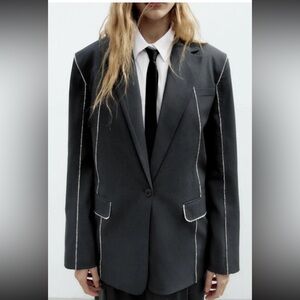 ZARA BLAZER LONGLINE STRAIGHT LAPEL COLLAR LONG SLEEVES FLAP POCKETS BUTTON XS